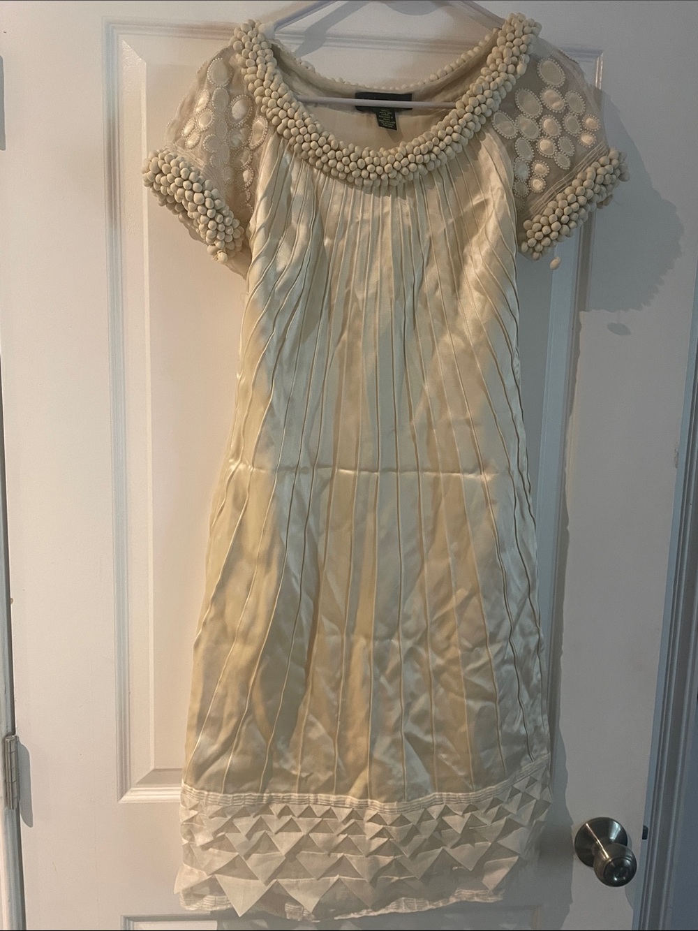 Catherine Malandrino Silk Cream Beaded Pleated Cocktail Dress 40